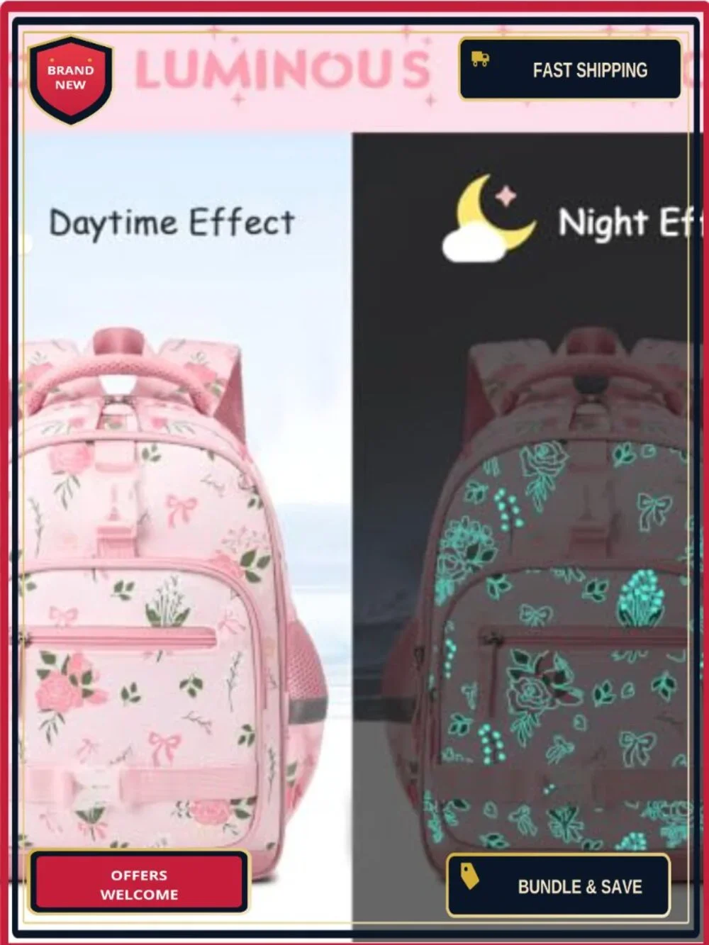 Girls Backpack Set with Headphones Lunch Bag Pencil Case Luminous